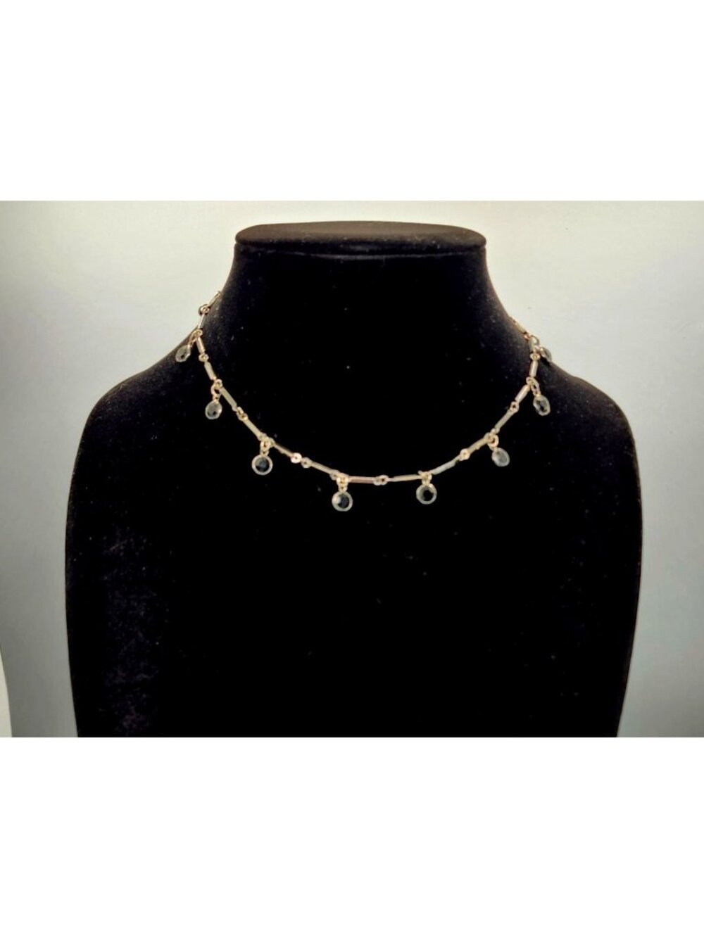 Dainty Silver Tone Station Necklace With Dangling Black Stone Accents & Lobster
